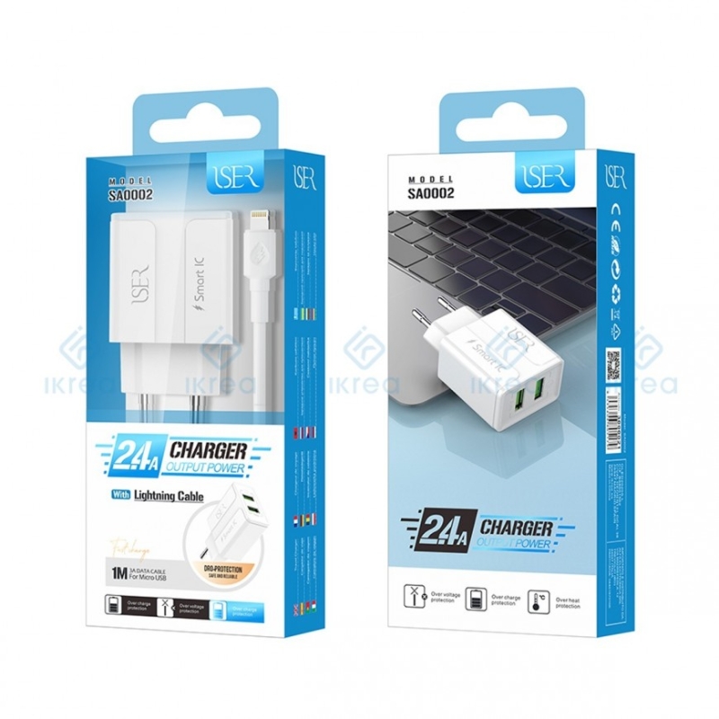 图片 ISER SA0002 CARGADOR  CON CABLE LIGHTNING 2 PUERTOS 2.4A BLANCO