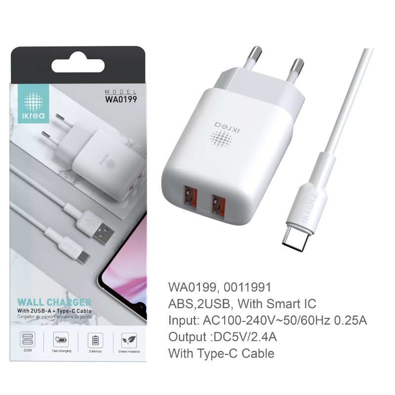 图片 CARCADOR 2 PUERTO CON SMART 1C CABLE TYPE-C 2.4A WA0199 BLANCO